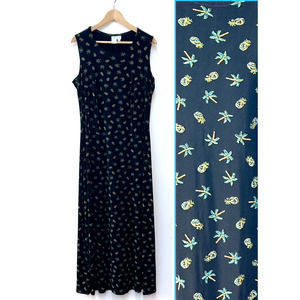 Vintage Coldwater Creek Tropical Palm Tree Maxi Dress Slinky Acetate XL Black